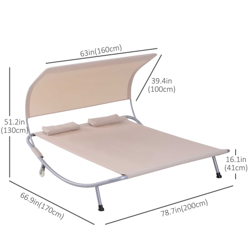 Outsunny 79" Outdoor Lounge Chair with Canopy, Double Garden Chaise Lounger Hammock Bed, Relaxing Sleeping Daybed w/ Pillow and Wheels, Sand