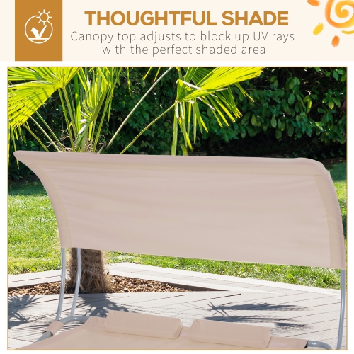 Outsunny 79" Outdoor Lounge Chair with Canopy, Double Garden Chaise Lounger Hammock Bed, Relaxing Sleeping Daybed w/ Pillow and Wheels, Sand