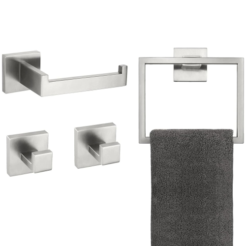 4-Piece Brushed Nickel Bathroom Hardware, Towel Ring, Toilet Paper Holder, 2 Towel Hook, Stainless Steel, Wall Mounted