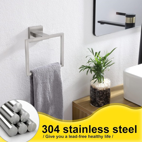 4-Piece Brushed Nickel Bathroom Hardware, Towel Ring, Toilet Paper Holder, 2 Towel Hook, Stainless Steel, Wall Mounted