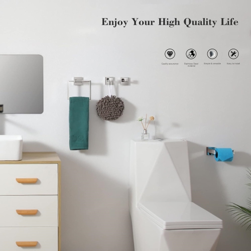 4-Piece Brushed Nickel Bathroom Hardware, Towel Ring, Toilet Paper Holder, 2 Towel Hook, Stainless Steel, Wall Mounted