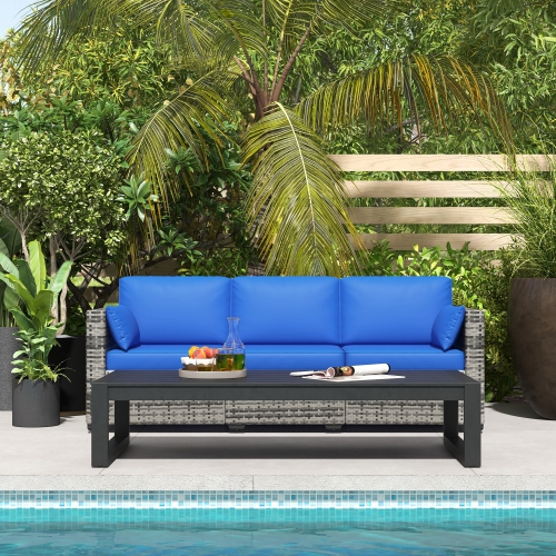 Outsunny Three-Seater Outdoor Sofa with Cushions, PE Rattan Conversation Patio Wicker Couch Furniture with Pillows for Garden, Poolside, Deck,