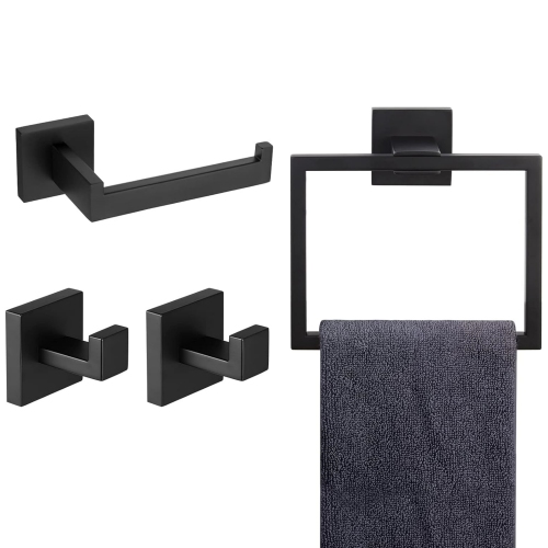 NIERBO  4-Piece Matte Bathroom Hardware, Towel Ring, Toilet Paper Holder, 2 Towel Hook, Stainless Steel, Wall Mounted In Black