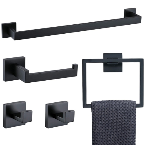 5 Pieces Matte Black Stainless Steel Bathroom Hardware Set, Includes 23.6 Inch Towel Bar, 1 Towel Ring, 1 Toilet Paper Holder, 2 Towel Hook, for