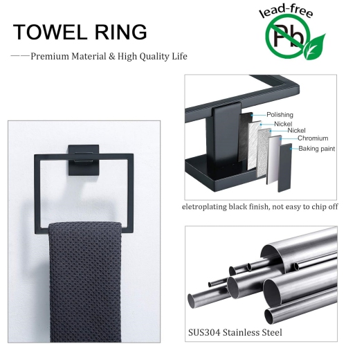 5 Pieces Matte Black Stainless Steel Bathroom Hardware Set, Includes 23.6 Inch Towel Bar, 1 Towel Ring, 1 Toilet Paper Holder, 2 Towel Hook, for