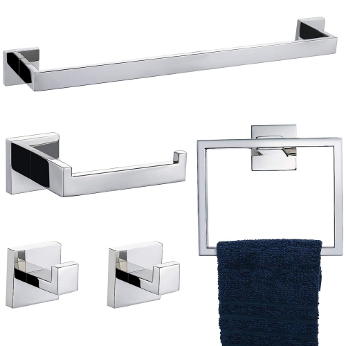 5 Pieces Polished Chrome Stainless Steel Bathroom Hardware Set, Includes 23.6 Inch Towel Bar, 1 Towel Ring, 1 Toilet Paper Holder, 2 Towel Hook, for