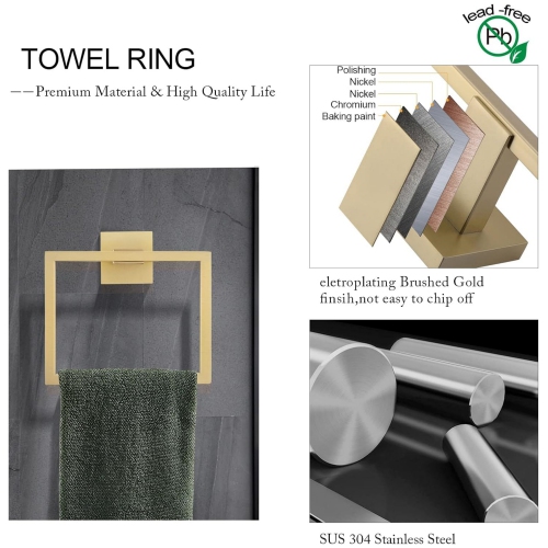 5 Pieces Brushed Gold Stainless Steel Bathroom Hardware Set, Includes 23.6 Inch Towel Bar, 1 Towel Ring, 1 Toilet Paper Holder, 2 Towel Hook, for