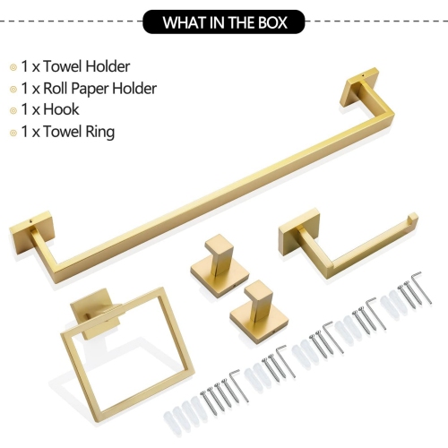 5 Pieces Brushed Gold Stainless Steel Bathroom Hardware Set, Includes 23.6 Inch Towel Bar, 1 Towel Ring, 1 Toilet Paper Holder, 2 Towel Hook, for