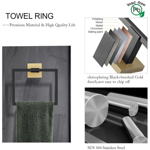 5 Pieces Matte Black and Brushed Gold Stainless Steel Bathroom Hardware Set, Includes 23.6 Inch Towel Bar, 1 Towel Ring, 1 Toilet Paper Holder, 2