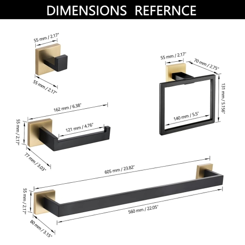 5 Pieces Matte Black and Brushed Gold Stainless Steel Bathroom Hardware Set, Includes 23.6 Inch Towel Bar, 1 Towel Ring, 1 Toilet Paper Holder, 2