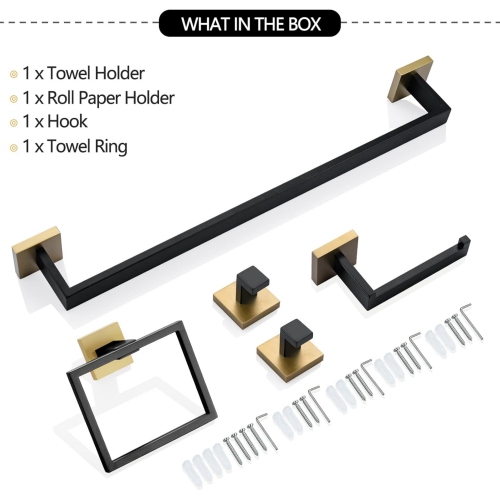 5 Pieces Matte Black and Brushed Gold Stainless Steel Bathroom Hardware Set, Includes 23.6 Inch Towel Bar, 1 Towel Ring, 1 Toilet Paper Holder, 2