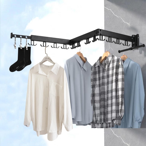 J Shape Hooks Hanger Rack Wall Mounted Clothes Drying Rack, 103cm Folding Retractable Laundry Clothing Rack