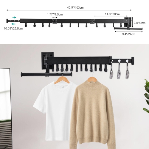 J Shape Hooks Hanger Rack Wall Mounted Clothes Drying Rack, 103cm Folding Retractable Laundry Clothing Rack