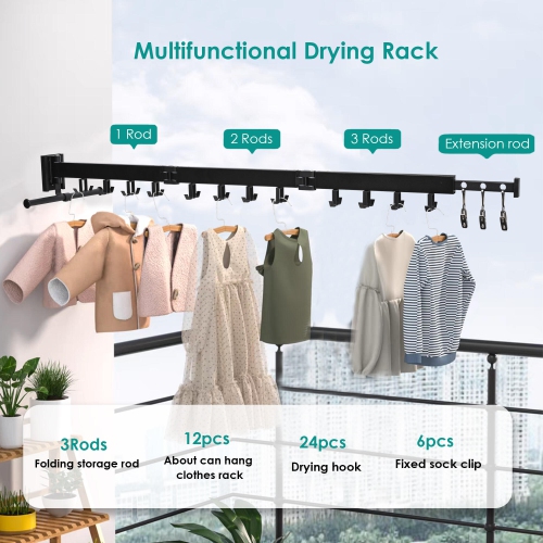 J Shape Hooks Hanger Rack Wall Mounted Clothes Drying Rack, 103cm Folding Retractable Laundry Clothing Rack
