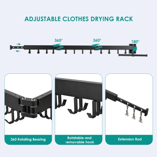 J Shape Hooks Hanger Rack Wall Mounted Clothes Drying Rack, 103cm Folding Retractable Laundry Clothing Rack