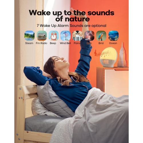 Sunrise Alarm Clock for Restful Mornings - 7 Colors Night Light, Wake Up Light with Sunrise/Sunset Simulation, Dual Alarms & Soothing Sounds, Snooze