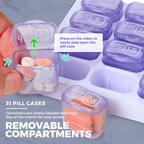 Monthly Pill Organizer - 31 Day Pill Organizer with Large Removable Medication Pods, Portable Pill Case Box and Holder for Daily Medicine and