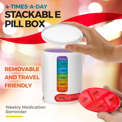 Medca Weekly Pill Organizer, 1 Dispenser, 7 Stackable Multi-Color Compartments Four Times-A-Day - Morning, Noon, Evening, and Bedtime, White, 2-Pack