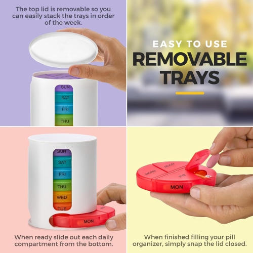 Medca Weekly Pill Organizer, 1 Dispenser, 7 Stackable Multi-Color Compartments Four Times-A-Day - Morning, Noon, Evening, and Bedtime, White, 2-Pack