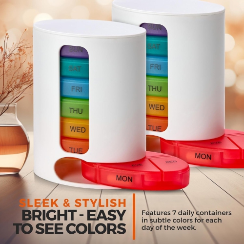 Medca Weekly Pill Organizer, 1 Dispenser, 7 Stackable Multi-Color Compartments Four Times-A-Day - Morning, Noon, Evening, and Bedtime, White, 2-Pack