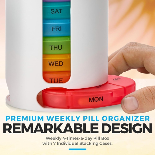 Medca Weekly Pill Organizer, 1 Dispenser, 7 Stackable Multi-Color Compartments Four Times-A-Day - Morning, Noon, Evening, and Bedtime, White, 2-Pack