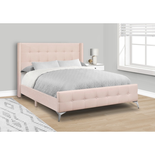 Upholstered Queen Size Bed in Pink Velvet with Chrome Metal Legs