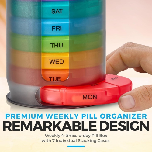 Medca – Organisateur hebdomadaire pour pilules, 1 distributeur, 7 compartiments empilables multicolores, quatre fois Par jour, matin, midi, soir et