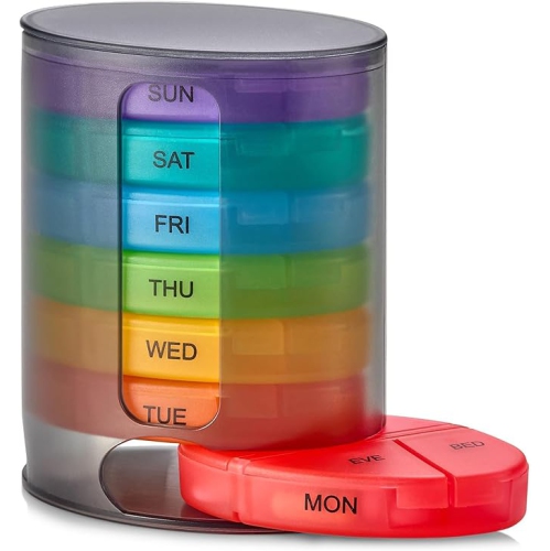 MEDCA  Weekly Pill Organizer, 1 Dispenser, 7 Stackable Multi-Color Compartments Four Times-A-Day - Morning, Noon, Evening, And Bedtime In Black