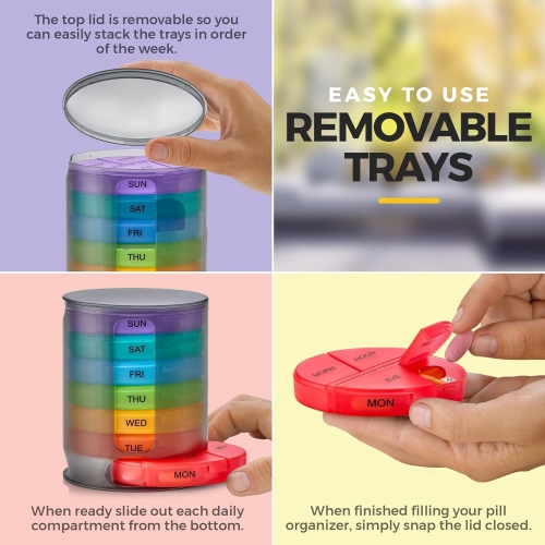 Medca – Organisateur hebdomadaire pour pilules, 1 distributeur, 7 compartiments empilables multicolores quatre fois Par jour, matin, midi, soir et