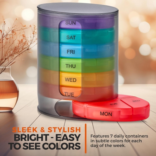 Medca – Organisateur hebdomadaire pour pilules, 1 distributeur, 7 compartiments empilables multicolores quatre fois Par jour, matin, midi, soir et