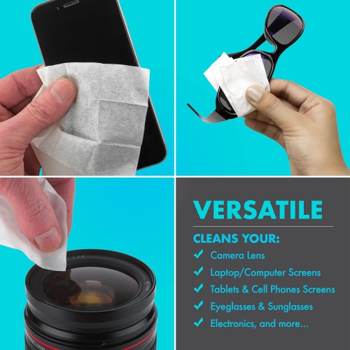 Premoistened Lens and Glass Cleaning Wipes - Portable Travel Cleaner for Glasses, Camera, Cell Phone, Smartphone, and Tablet - Disposable, Quick