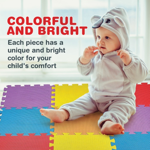 Medca Floor Mat 10-Tile Exercise Mat Solid Foam Eva Playmat Kids Safety - 10-Pcs of Random Solid Color, Receive Either Red, Blue, Green, Yellow,