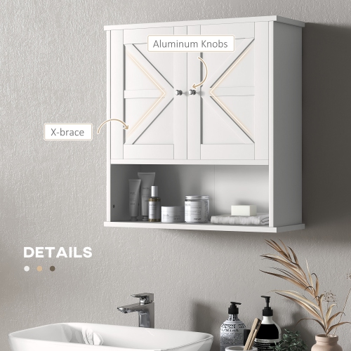 kleankin Farmhouse Bathroom Wall Cabinet, Wall-Mounted Medicine Cabinet with Open Shelf, Adjustable Shelf, and Storage Cabinet for Laundry Room, White