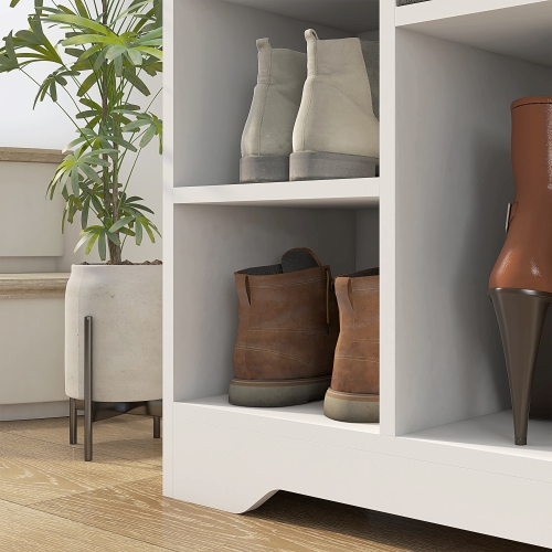 HOMCOM Shoe Bench with Seating Cushion, Entryway Bench with Adjustable Shelves, Drawer, 6 Open Compartments and Table Top for Hallway, Living Room,