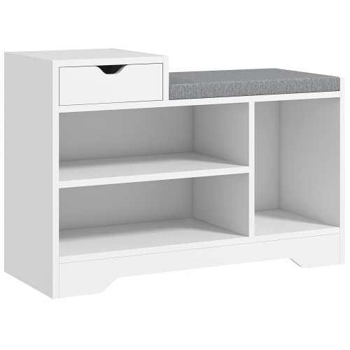 HOMCOM  Shoe Bench With Storage, Modern Upholstered Entryway Bench With Shelves, Drawer And Table Top for Living Room, Hallway In White