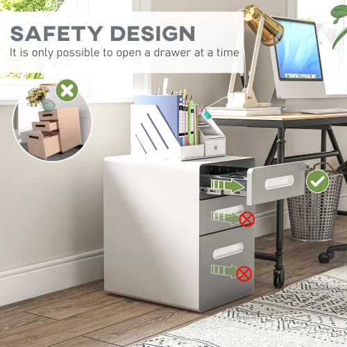 Vinsetto Metal Mobile Filing Cabinet with 3 Drawers and Lock, Under Desk Vertical File Cabinet on Wheels for Legal, A4, Letter Size for Home Office,