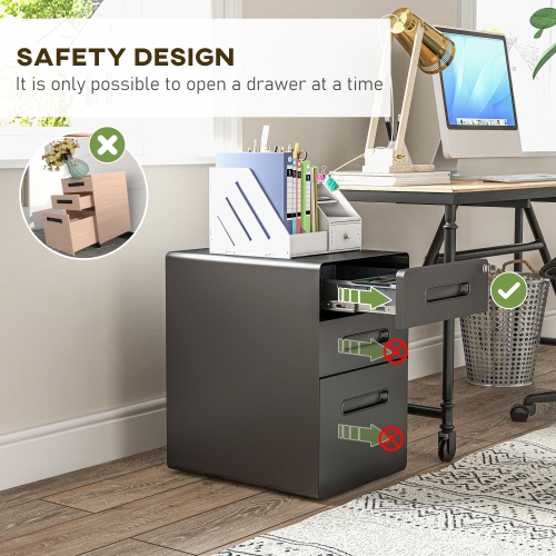 Vinsetto Metal Mobile Filing Cabinet with 3 Drawers and Lock, Under Desk Vertical File Cabinet on Wheels for Legal, A4, Letter Size for Home Office,