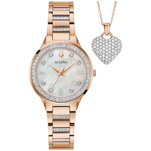 Open Box Bulova Classic 30mm Women s Dress Watch with Pendant Rose Gold White Mother of Pearl