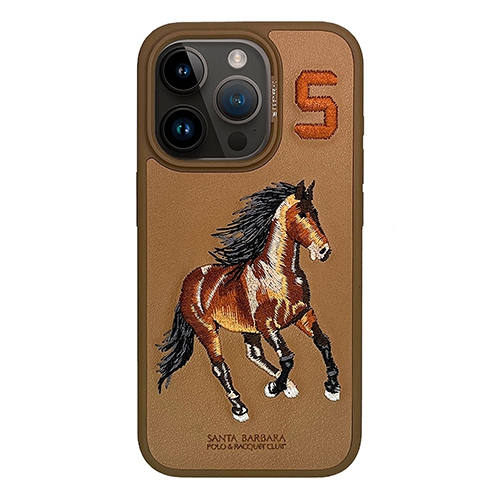 SANTA BARBARA  Boris Series Horse Embroidered Leather Case for Iphone 15 Pro Max In Brown
