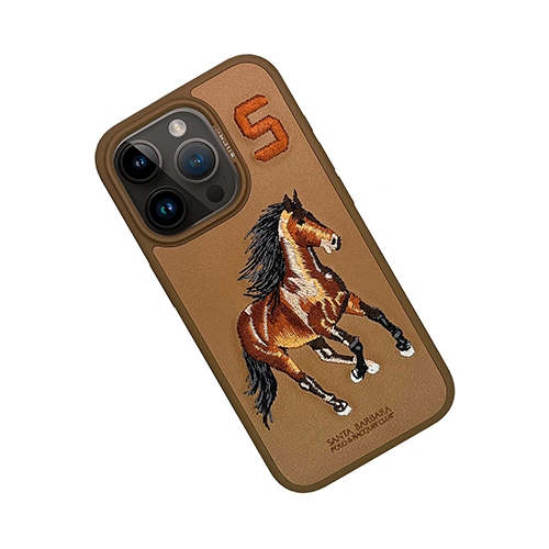 Santa Barbara Boris Series Brown Horse Embroidered Leather Case for iPhone 15 Pro Max