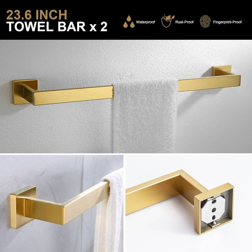 5 Pieces Brushed Gold Stainless Steel Bathroom Hardware Set - 2 23.6 Inch Towel Bar, Towel Ring, Toilet Paper Holder, Towel Hook, for Bathroom, Wall