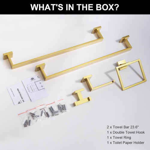 5 Pieces Brushed Gold Stainless Steel Bathroom Hardware Set - 2 23.6 Inch Towel Bar, Towel Ring, Toilet Paper Holder, Towel Hook, for Bathroom, Wall