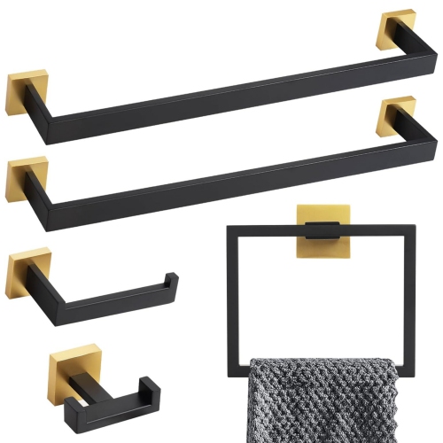 NIERBO  5 Pieces Matte & Brushed Gold Stainless Steel Bathroom Hardware Set - 2 23.6 Inch Towel Bar, Towel Ring, Toilet Paper Holder, Towel Hook, For