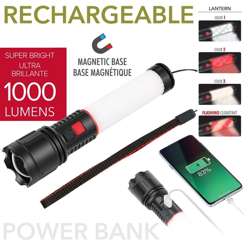 RCA - LED Flashlight and Lantern with 2000mAh Charging Bank, Rechargeable