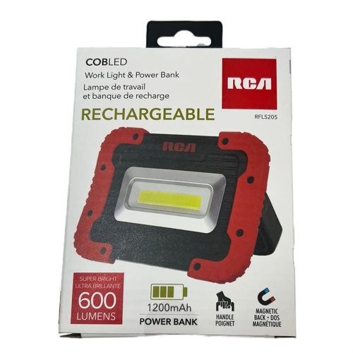 RCA - Rechargeable COB LED Work Light with 1200mAh Power Bank, 600 Lumens