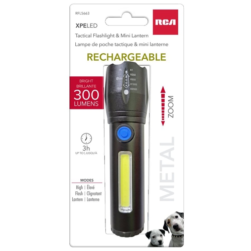 RCA - COB Flashlight with Mini Lantern, Rechargeable, 300 Lumens