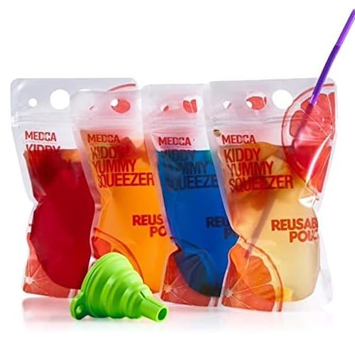 New Reusable Drink Pouches- 100 Clear Drink Bags+100 Straws Double Zipper Reusable Smoothie Juice, Clear Zipper Pouch Storage with No Leaks,