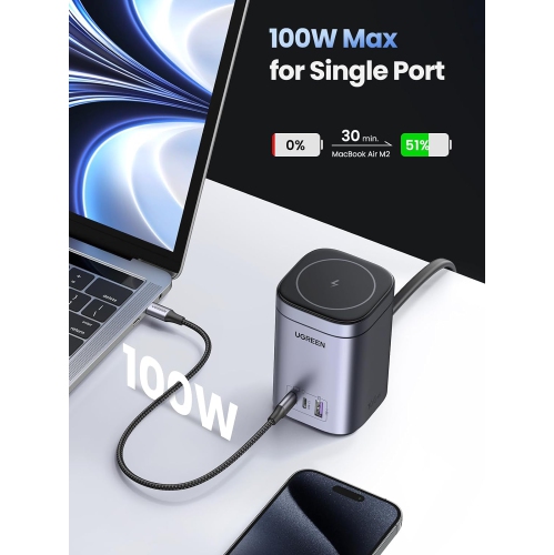 Open Box - UGREEN Nexode 100W USB C Charger with 15W MagSafe Charger Wireless Stand