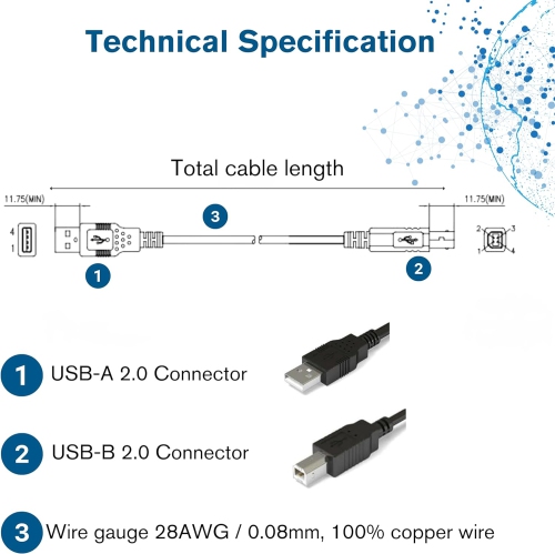 28101 USB Cable - USB 2.0 A Male to B Male Cable for Printers, Scanners, Brother, Canon, Dell, Epson, HP and More,