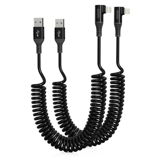 90 Degree iPhone Charger Cable for Apple Carplay, [MFi Certified] Coiled  Lightning Cable Right Angle, Short USB to